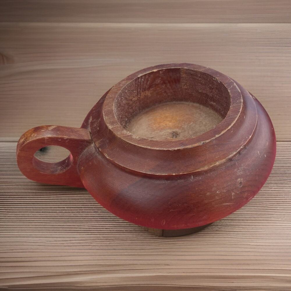 Vintage Wide Short Wooden Candle Holder Finger Grip Wood Grain MCM